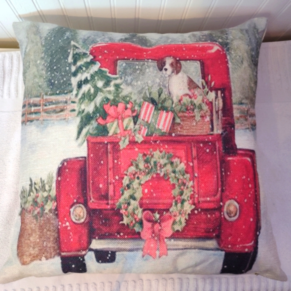 NWOT Adorable Puppy in Truck Christmas Decorative Pillow